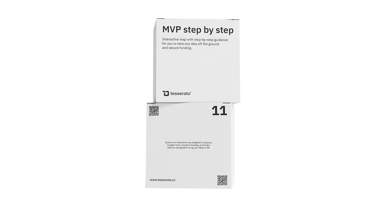 Two white squares stacked; top one reads 'MVP step by step' with a description about an interactive map for idea funding and has the Tesserato logo; bottom one shows a large number 11, two QR codes, and a brief about navigating from concept to funding.
