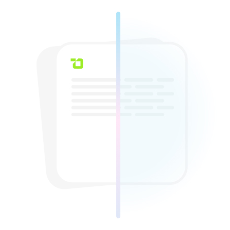 Ilustração estilizada de dois documentos com texto, divididos por uma linha vertical azul clara no centro.