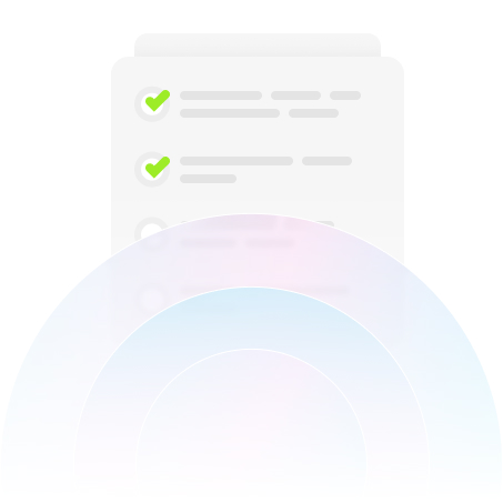 Lista de tarefas com itens marcados em verde, com um fundo de arcos coloridos em tons pastel.