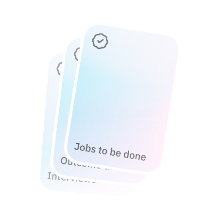 Três cartões sobrepostos com o primeiro intitulado 'Jobs to be done' e um ícone de seleção.