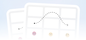 Ilustração de duas planilhas parcialmente sobrepostas com emoticons sorrindo em células e uma linha pontilhada curva ligando células.