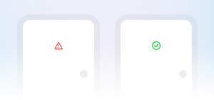 Dois quadrados com cantos arredondados; o da esquerda tem um símbolo triangular vermelho de aviso, e o da direita tem um círculo verde com um símbolo de verificação.