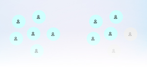 Ícones simples de usuários dispostos em dois grupos, cada um com círculos azuis claros ao redor, mostrando conexões entre os ícones.