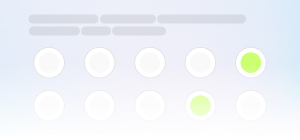 Indicadores de progresso com círculos preenchidos em verde claro mostrando níveis variados de conclusão.