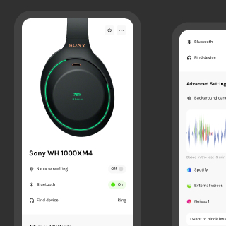 Tela de smartphone mostrando o aplicativo de controle do fone de ouvido Sony WH 1000XM4 com bateria em 78%, cancelamento de ruído desligado e Bluetooth ativado.