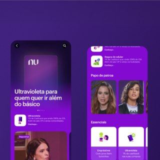 Tela do aplicativo Nubank exibindo benefícios do cartão Ultravioleta com fotos de duas mulheres e ícones relacionados.