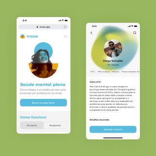 Duas telas de aplicativo em um fundo verde: a esquerda mostra a página inicial do app 'nisse' com o botão 'Baixar no App Store'; à direita, o perfil de Diego Salvador com informações sobre ele e botão 'Agendar consulta'.