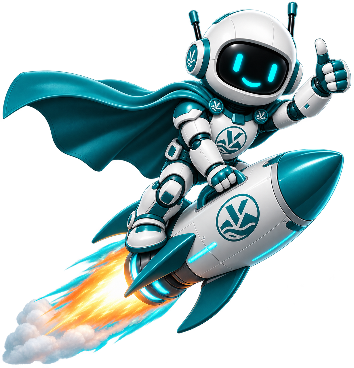 Vee — the Vansure mascot, riding a rocket