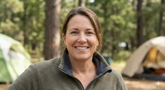 Portrait souriant de Claire Dupont, gérante de camping, posant en extérieur avec des tentes et des arbres en arrière-plan.