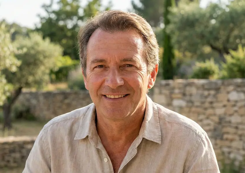 Portrait d'un homme souriant, assis sur une terrasse ensoleillée avec un jardin provençal et un mur en pierre en arrière-plan.