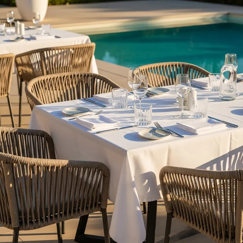 Table dressée sur une terrasse de restaurant avec piscine en bord de mer, un espace extérieur haut de gamme protégé des nuisibles par la technologie GRéco.