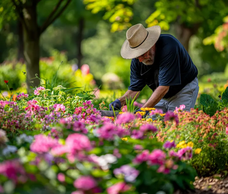 Un homme âgé jardinant paisiblement au milieu de fleurs colorées, profitant d'un jardin sans moustiques grâce à l'installation d'une borne de protection GRéco.