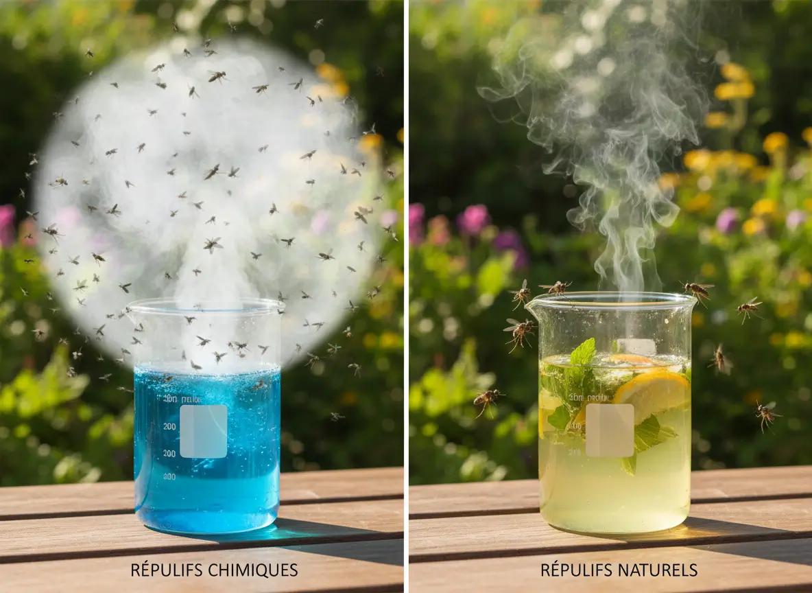 répulsifs chimique contre les moustiques à gauche et naturel à droite