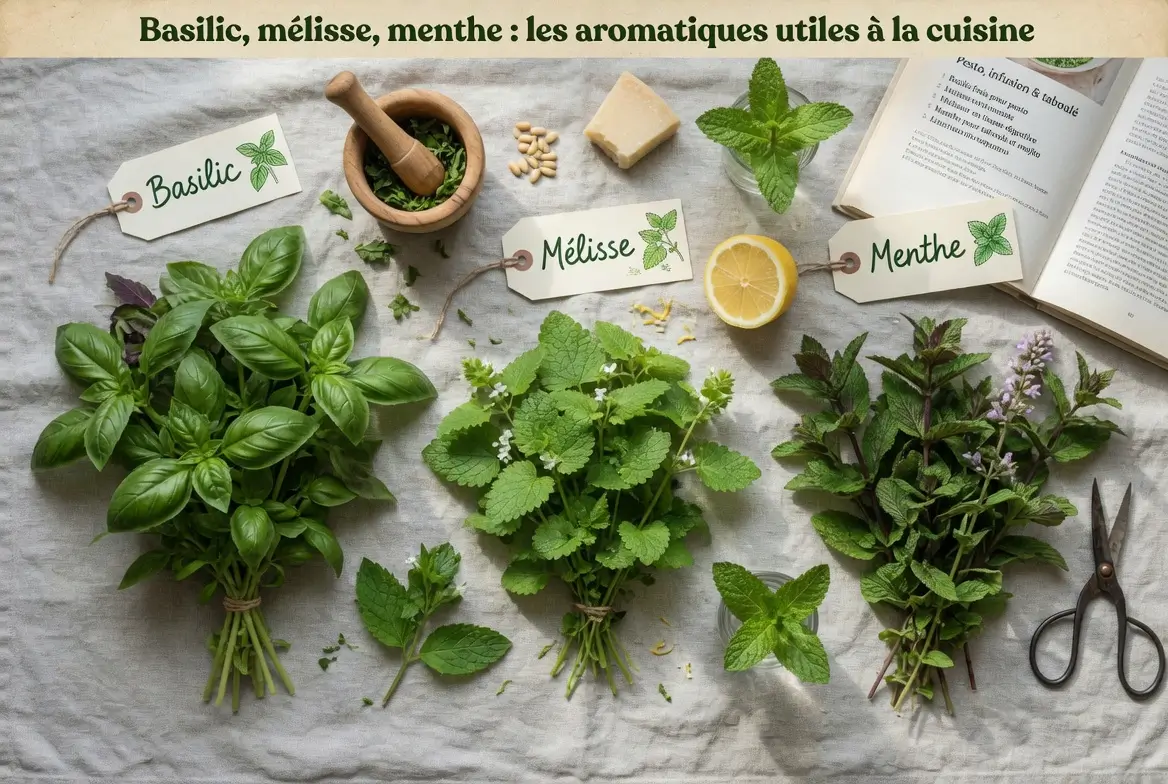 basilic, mélisse et menthe en cuisine e en anti moustique