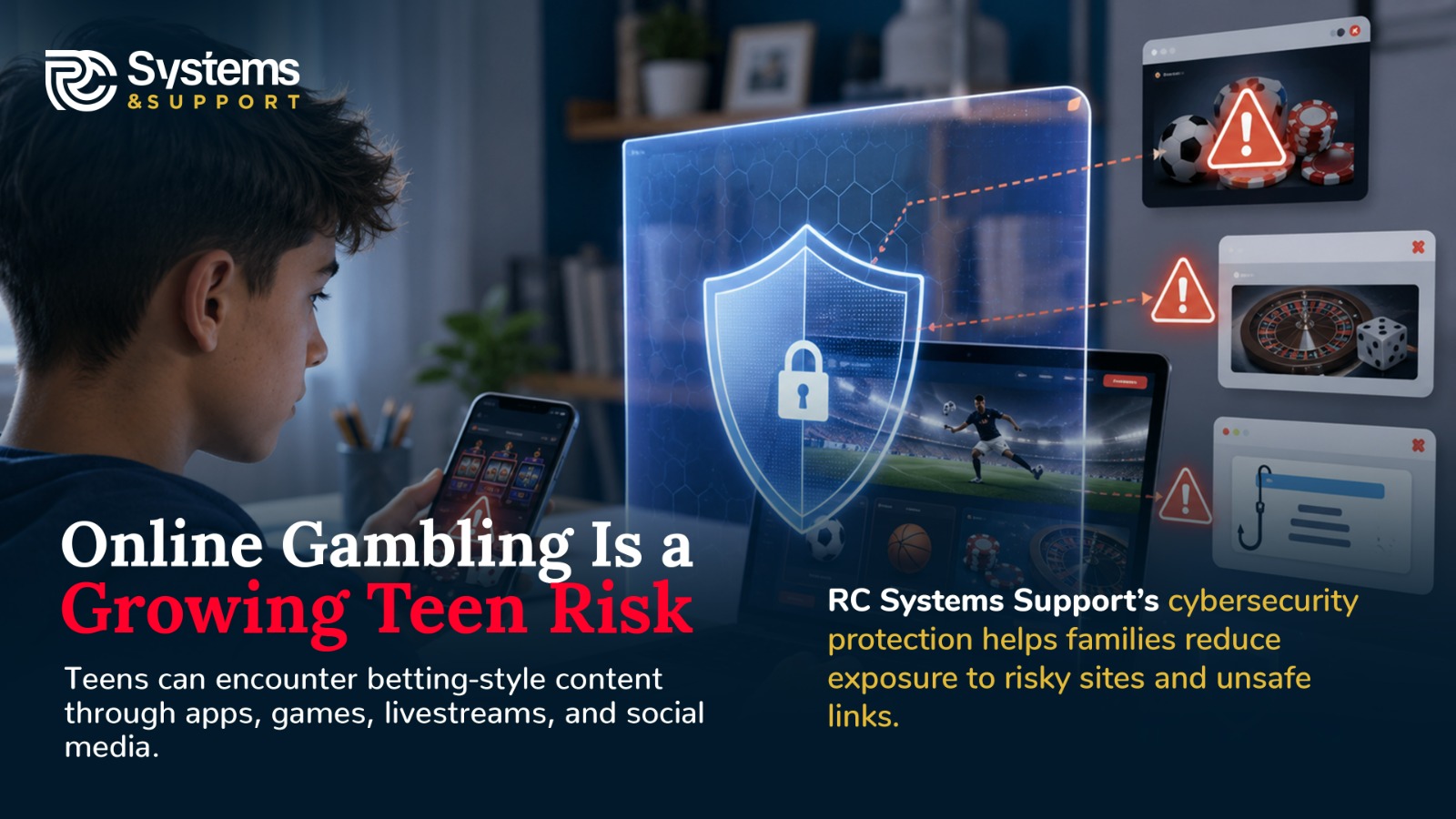 A teenage boy looking at a smartphone next to a laptop displaying online gambling risks, protected by a digital cybersecurity shield from RC Systems Support.