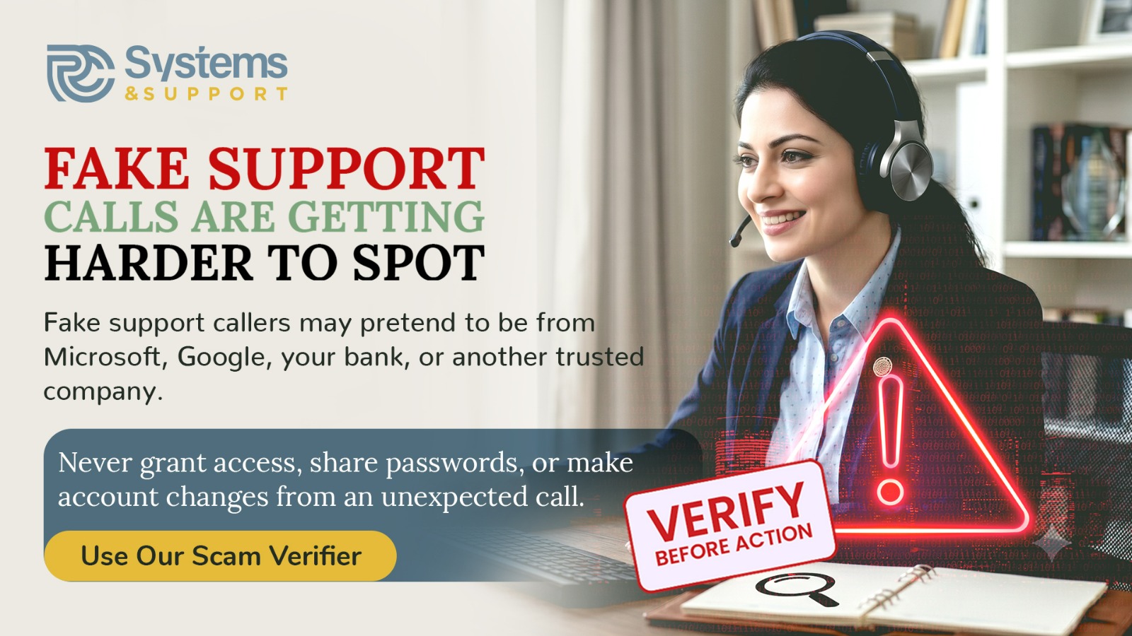 RC Systems & Support warning about fake support calls and tech support scams with a reminder to verify before taking action.