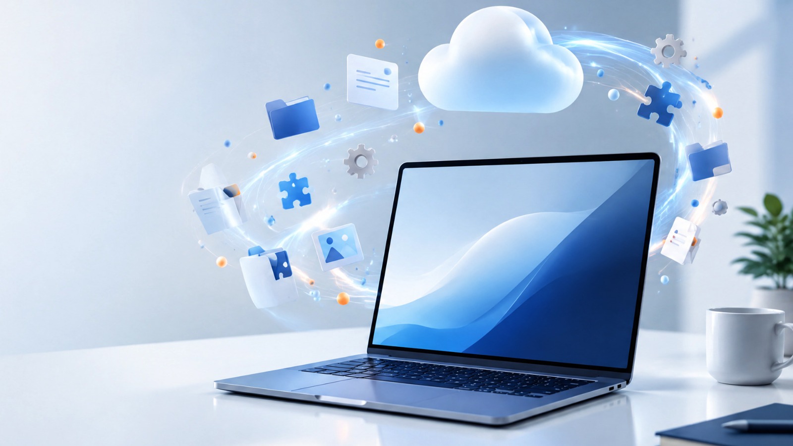 New laptop surrounded by cloud storage, files, apps, and settings during a computer data transfer.