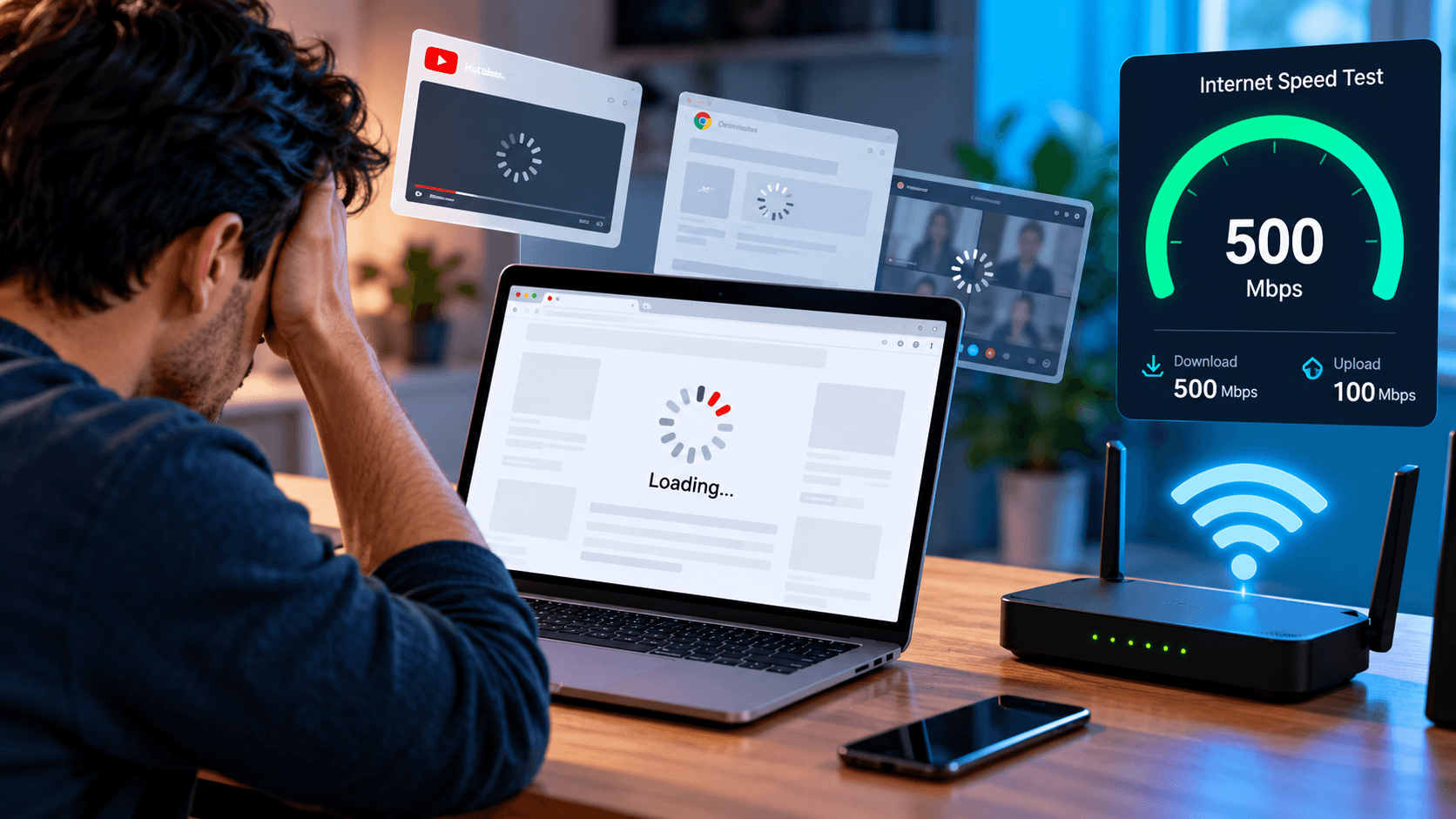 Frustrated computer user experiencing slow website loading despite an internet speed test showing 500 Mbps.