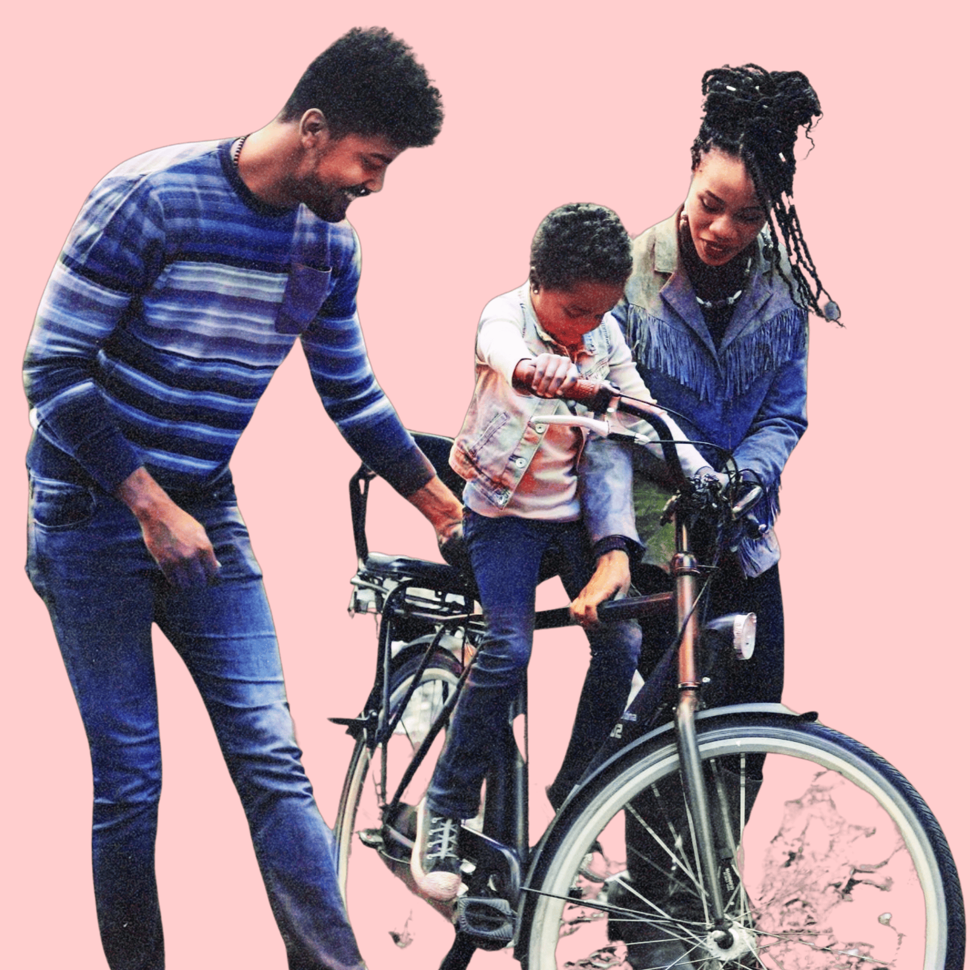 A man and woman helping a child learn to ride a bicycle against a pink background.