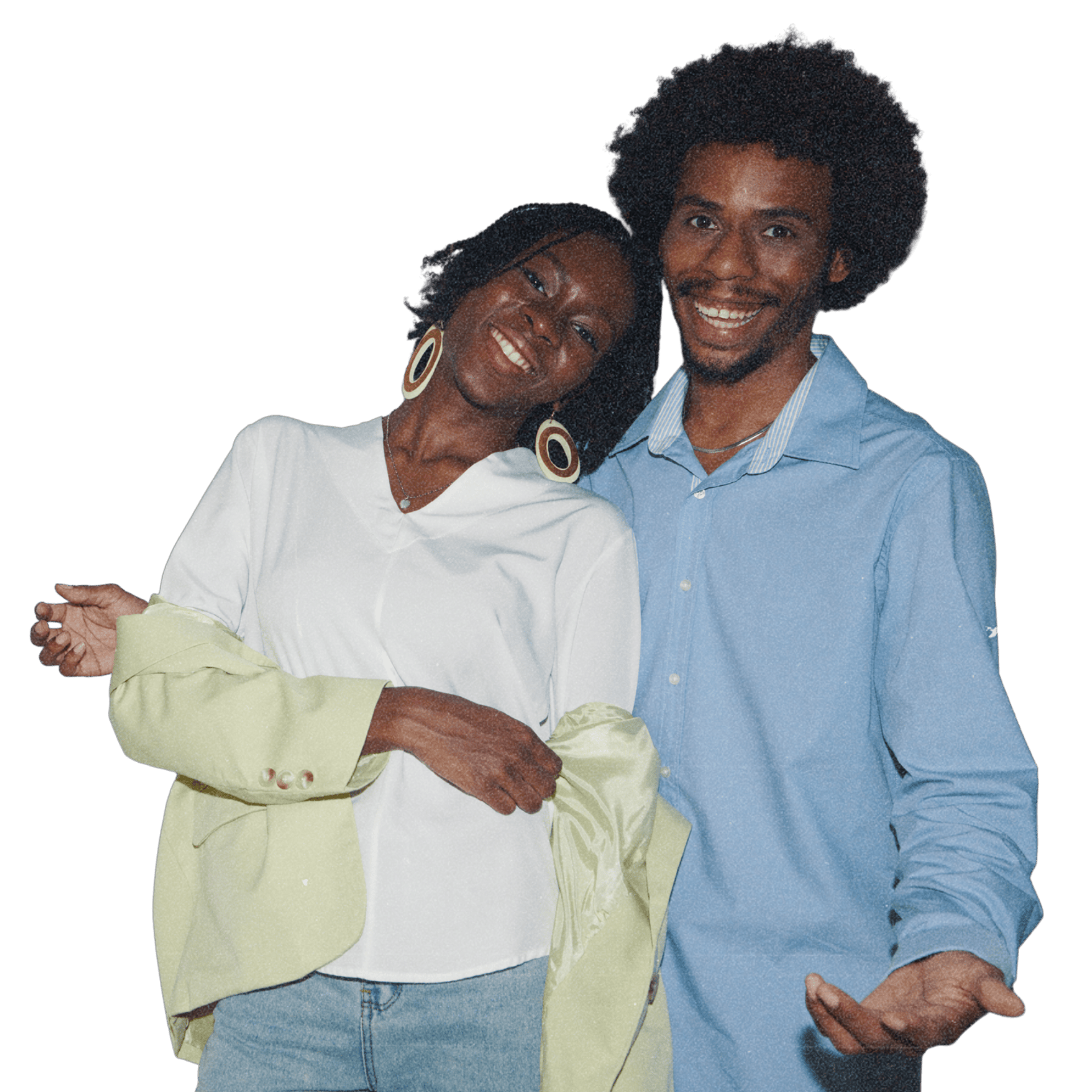 Smiling young Black couple standing close together, woman leaning her head on man's shoulder.