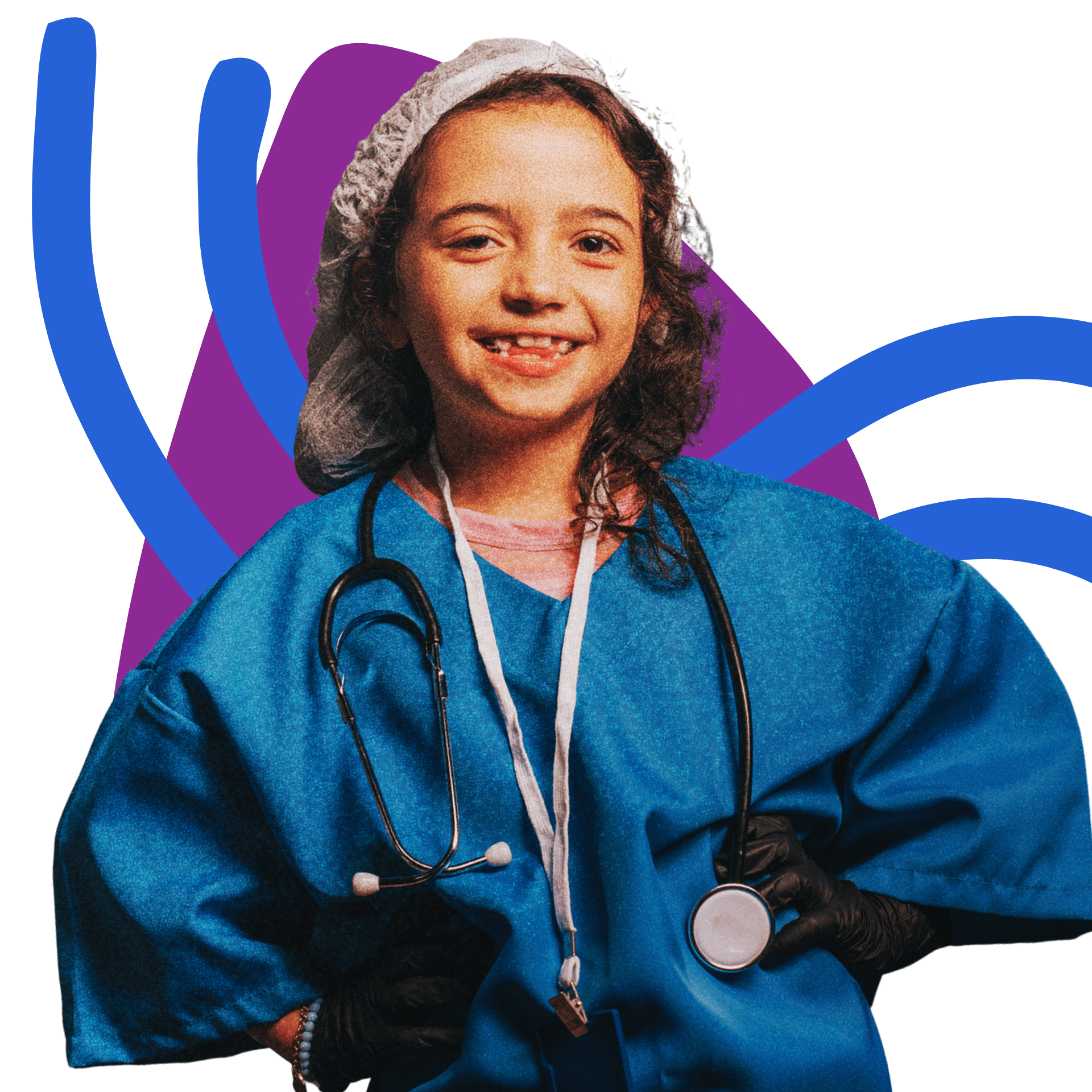 Smiling child dressed in blue medical scrubs with a stethoscope and hair cover, posing confidently with hands on hips.