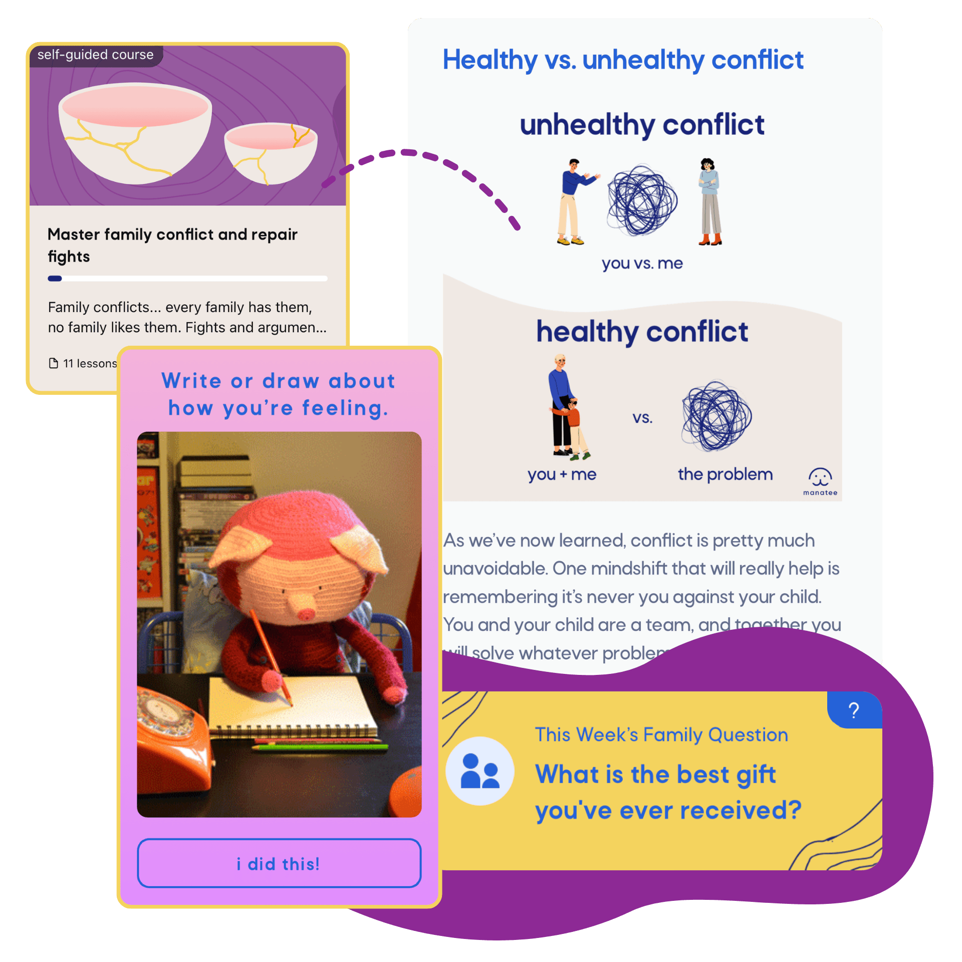 Two young people sitting and sharing a cassette tape, one smiling and holding a cassette player.