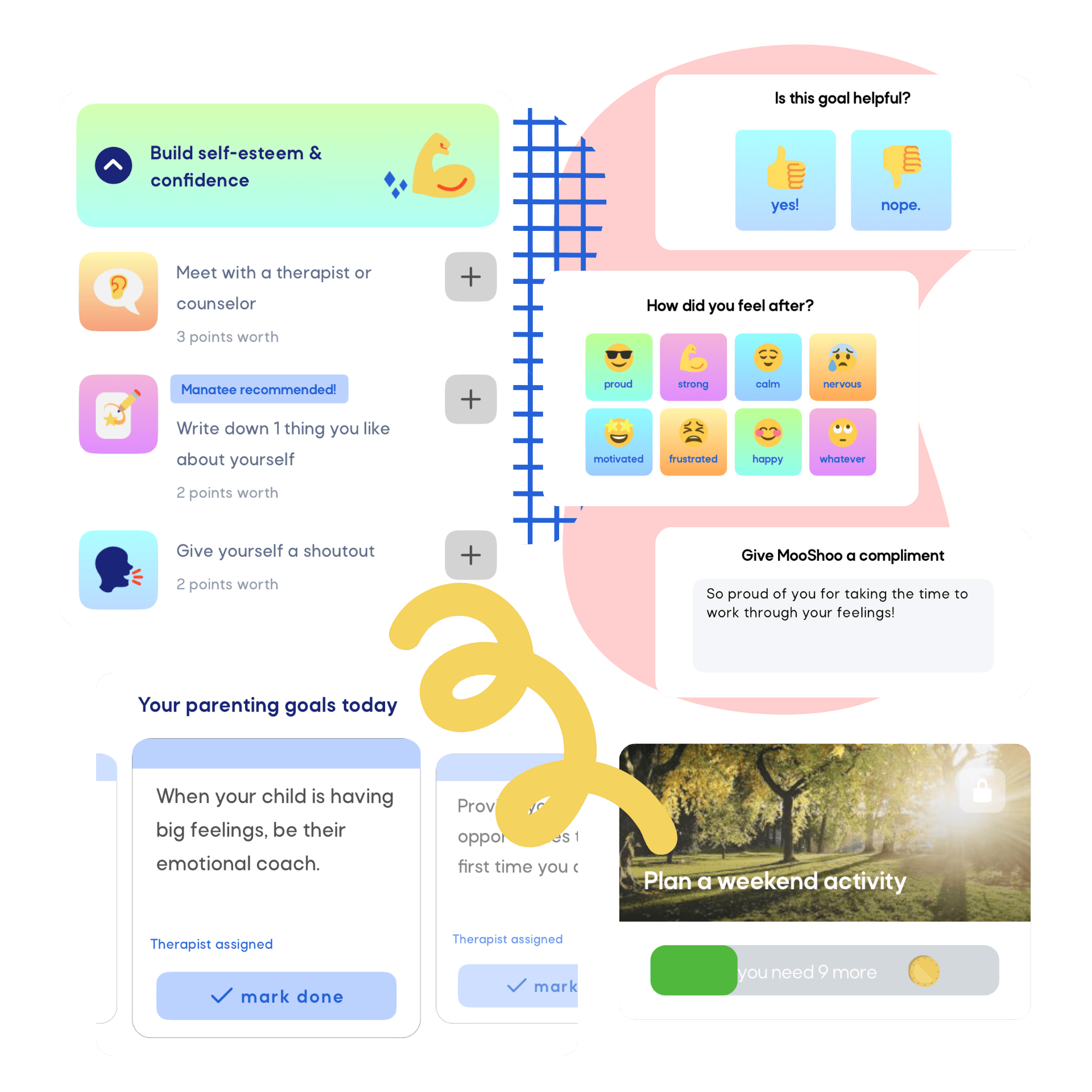 Two young people sitting and sharing a cassette tape, one smiling and holding a cassette player.