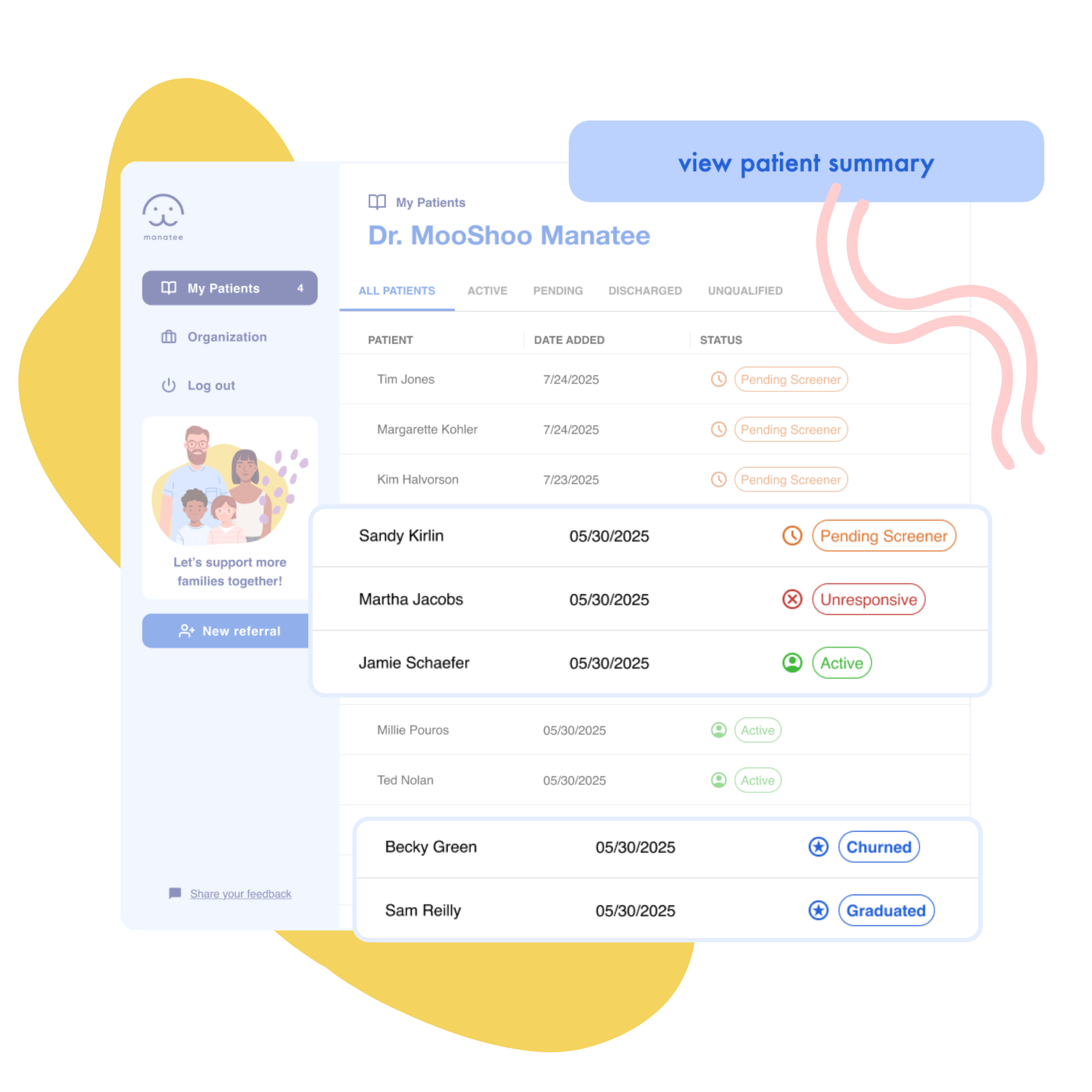 Dashboard screen on laptop showing patient's family goals, weekly survey responses, and top goals and rewards accomplished with progress bars.