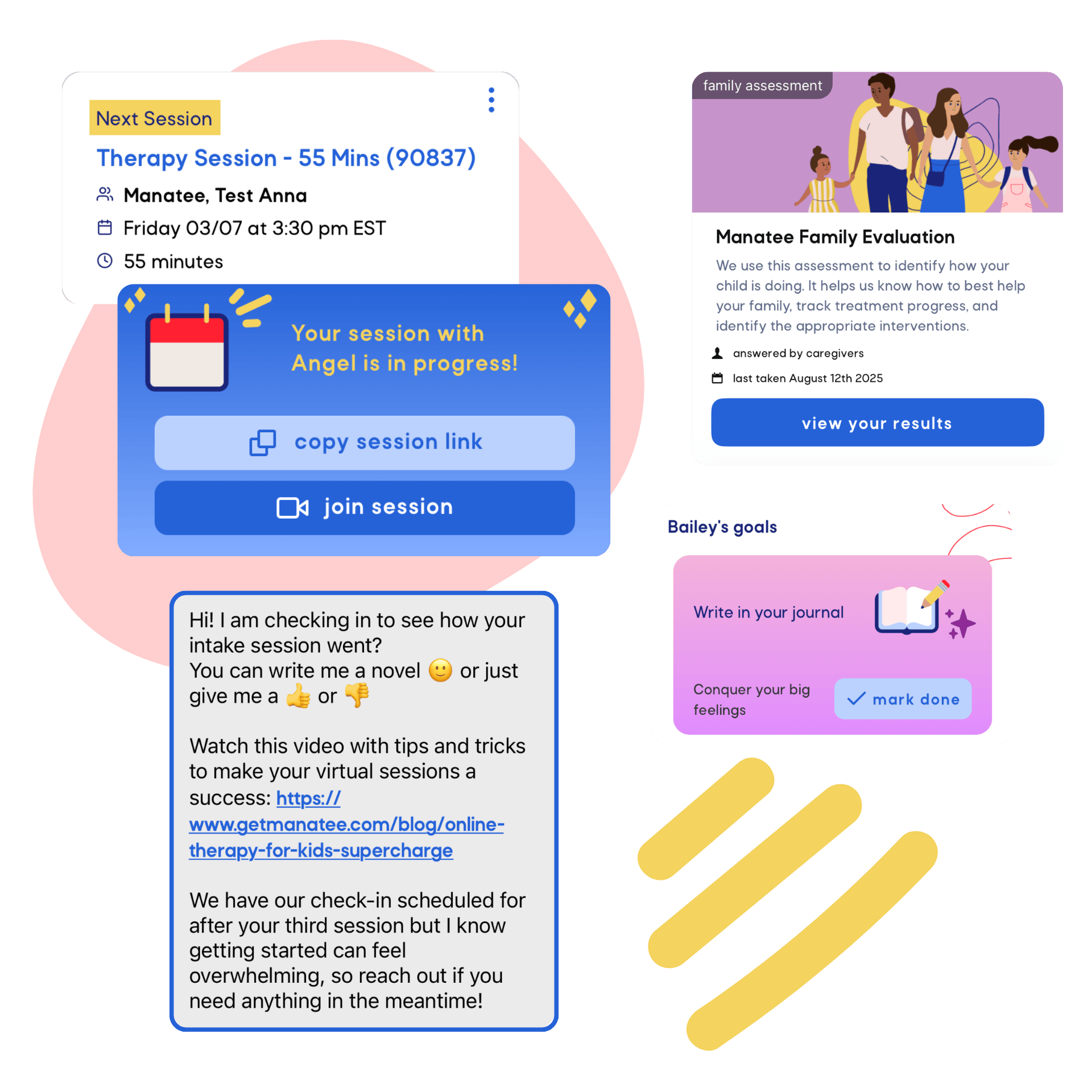 Dashboard screen on laptop showing patient's family goals, weekly survey responses, and top goals and rewards accomplished with progress bars.