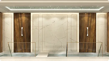 Elegant interior wall with large marble panels flanked by dark wood vertical panels, accented with modern vertical sconces and glass railings.