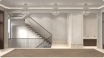 Spacious library or lecture hall with rows of tables and chairs, large bookshelves, and a decorative chandelier.