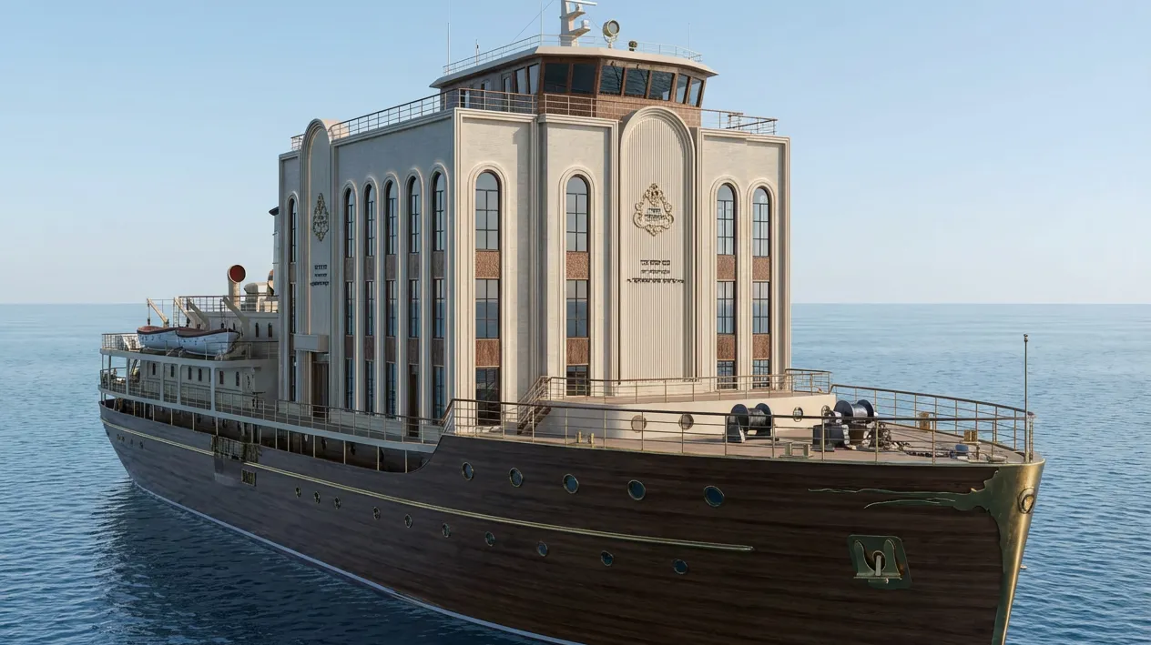 Large ship with a tall, multi-story structure resembling a building on its deck, floating on calm ocean water.