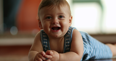 Infant lying on its stomach while smiling at the camera