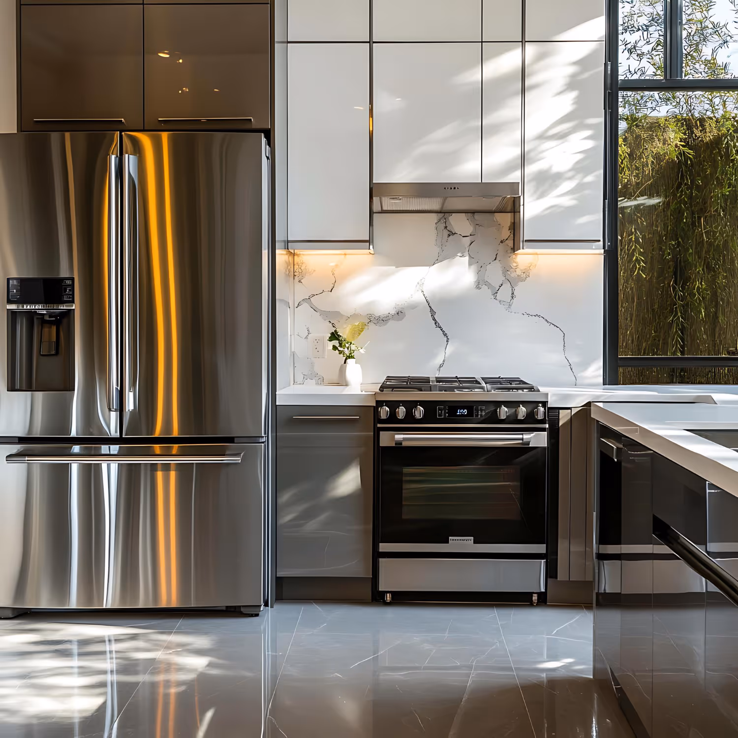 Modern kitchen with stainless steel refrigerator and oven