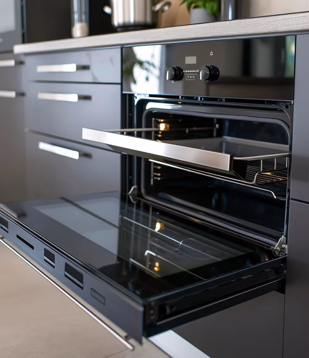 Modern built in oven with open door in kitchen