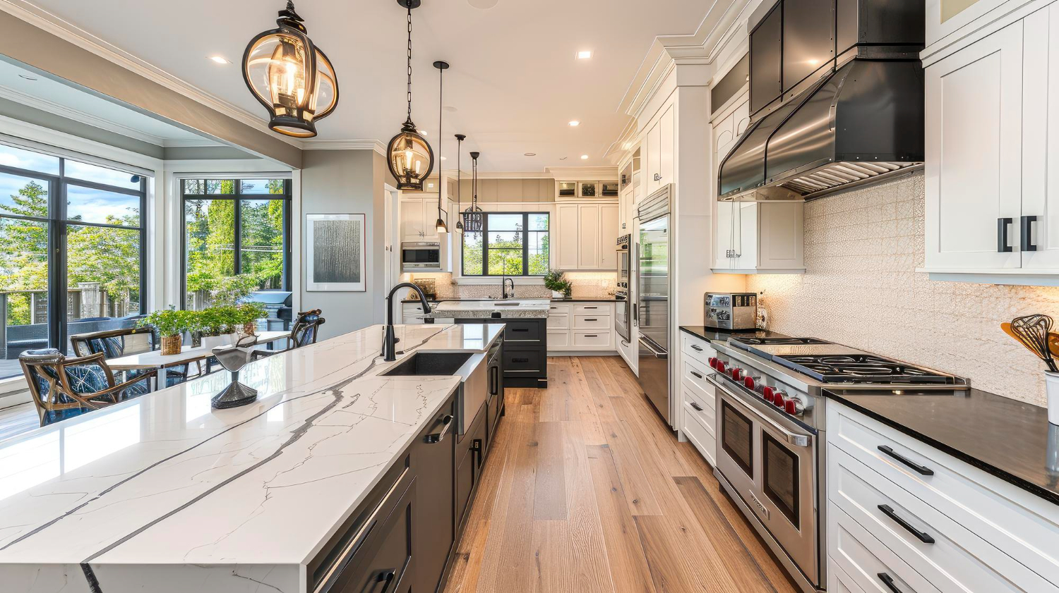 Luxury kitchen with large island and built in appliances