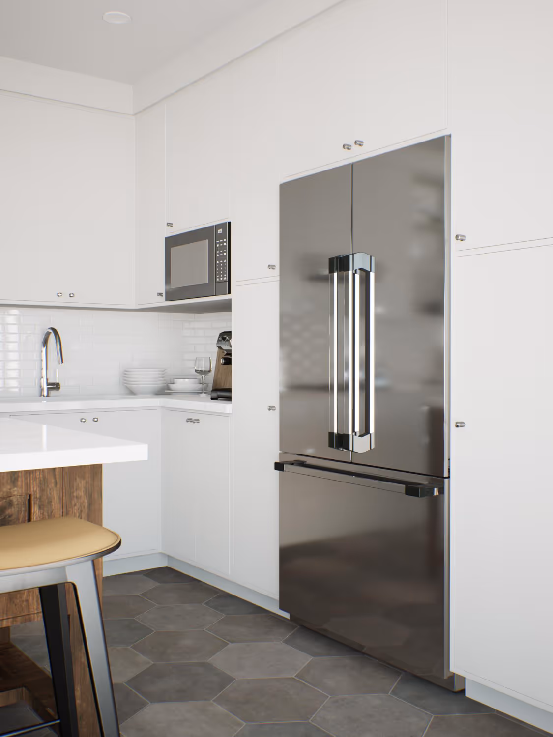 Modern white kitchen with stainless steel French door refrigerator