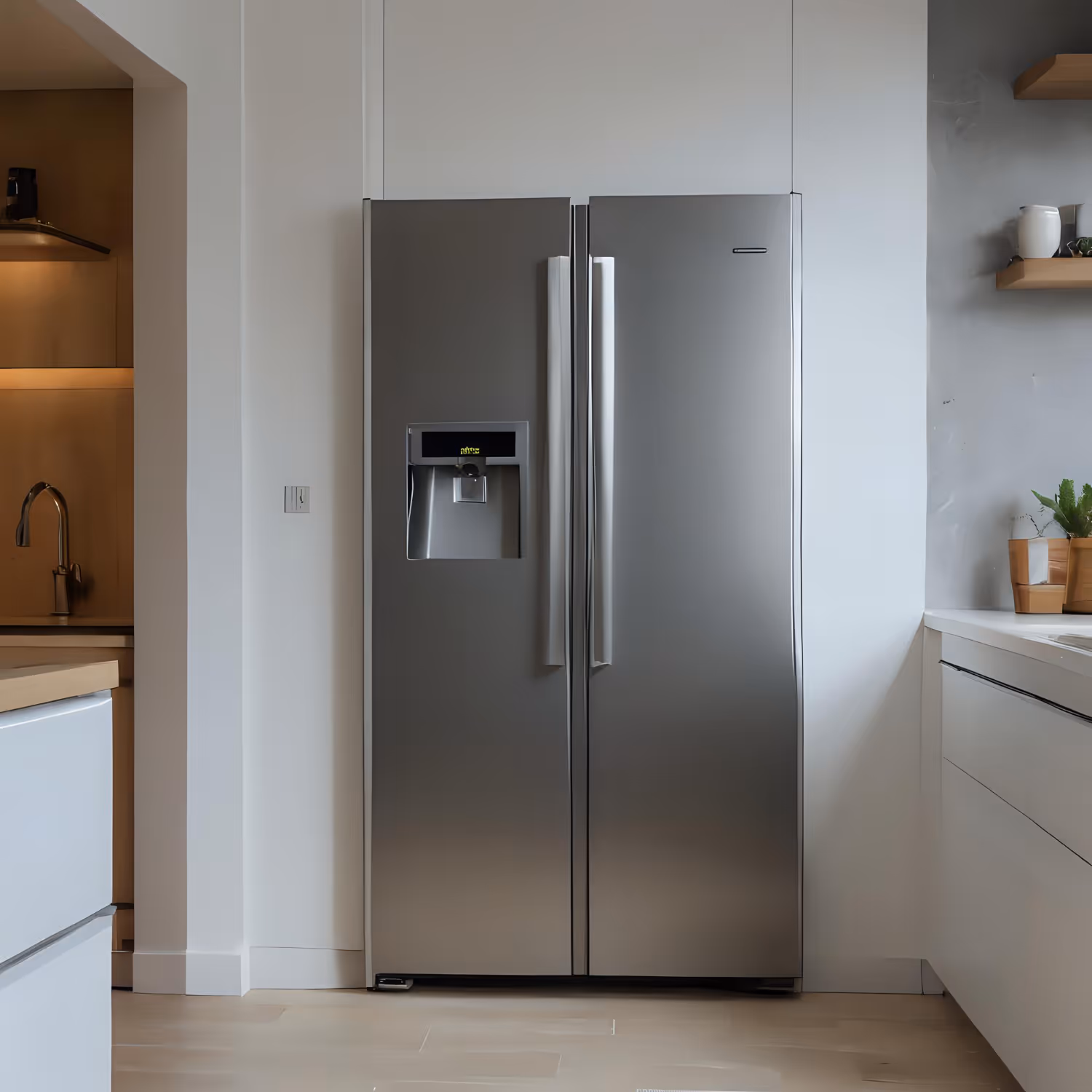 Bright modern kitchen with built in stainless steel refrigerator