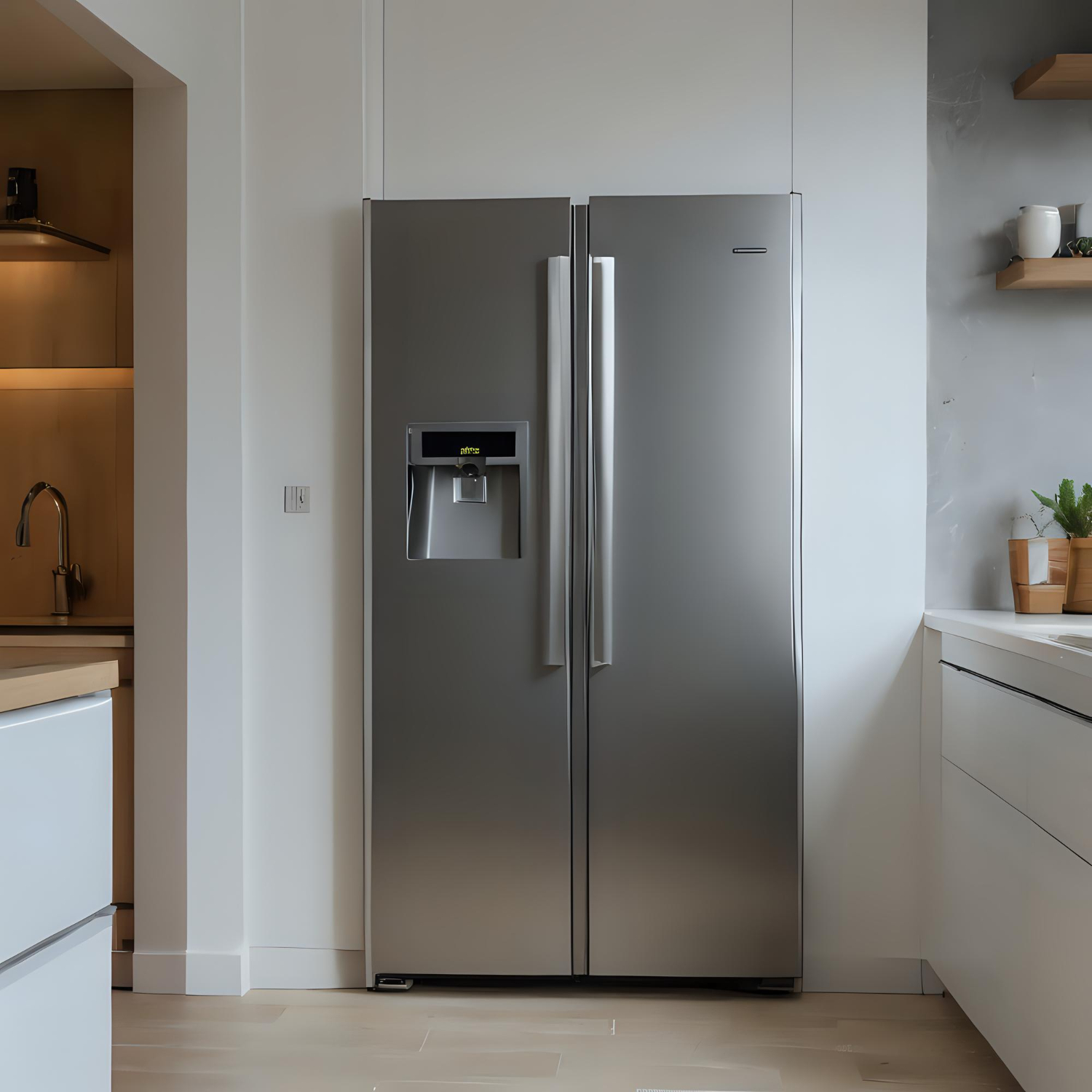 Bright modern kitchen with built in stainless steel refrigerator