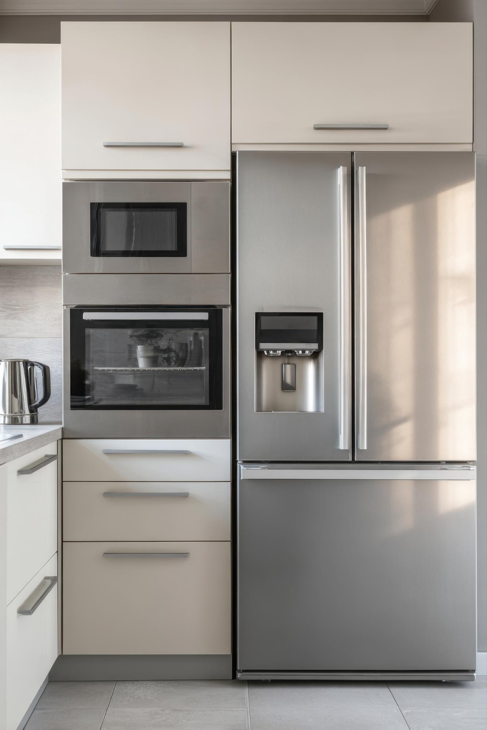 Modern white kitchen with stainless steel refrigerator and built in oven