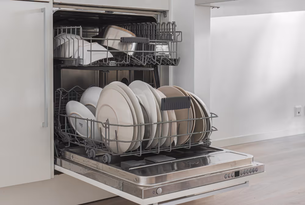 Open dishwasher loaded with plates and cookware