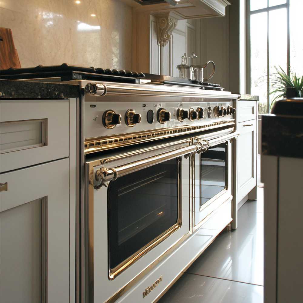 Luxury stainless steel range and oven in a bright custom kitchen