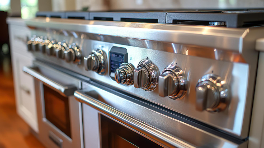 Close-up of stainless steel range control knobs on a modern cooktop