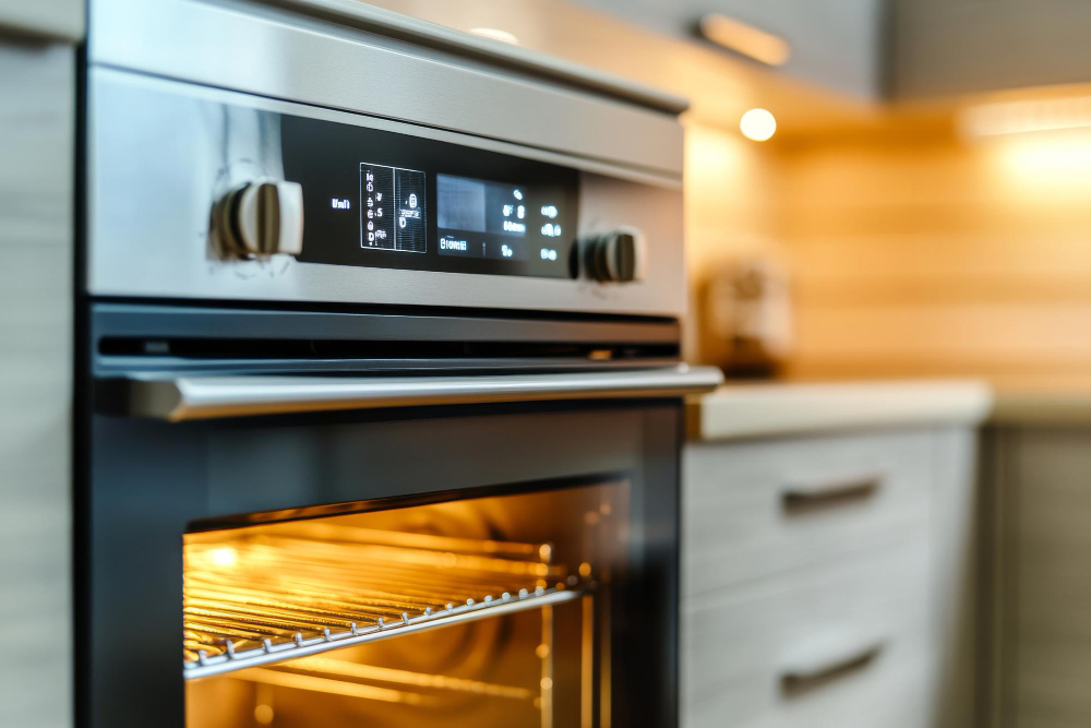 Open built-in oven glowing inside in a bright modern kitchen with white cabinets