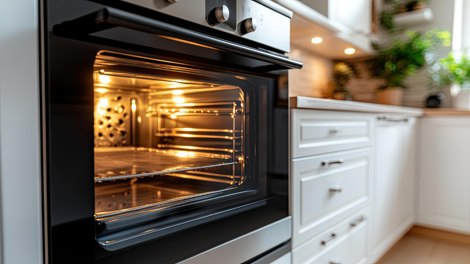 Close-up of an open oven with lit interior and metal racks in a modern kitchen