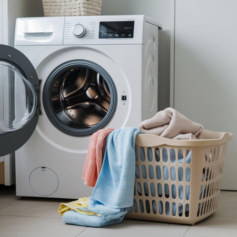 Front load washing machine with open door and laundry basket full of clothes indicating washer not spinning problem