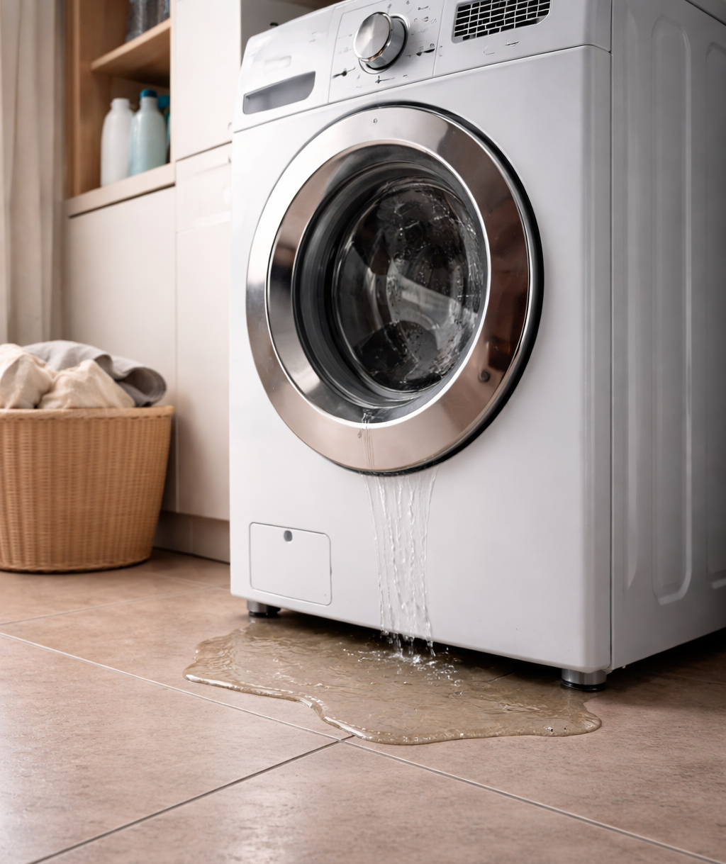 Water leaking from the bottom of a washing machine forming puddle on floor