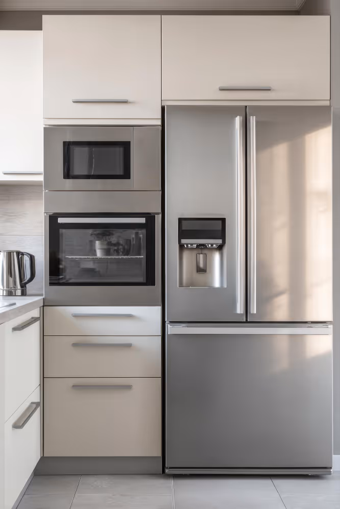 Modern Pomona kitchen with stainless steel refrigerator and wall oven