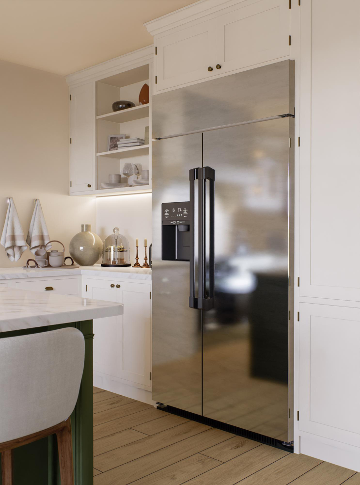 Built-in stainless steel refrigerator in modern Jurupa Valley kitchen