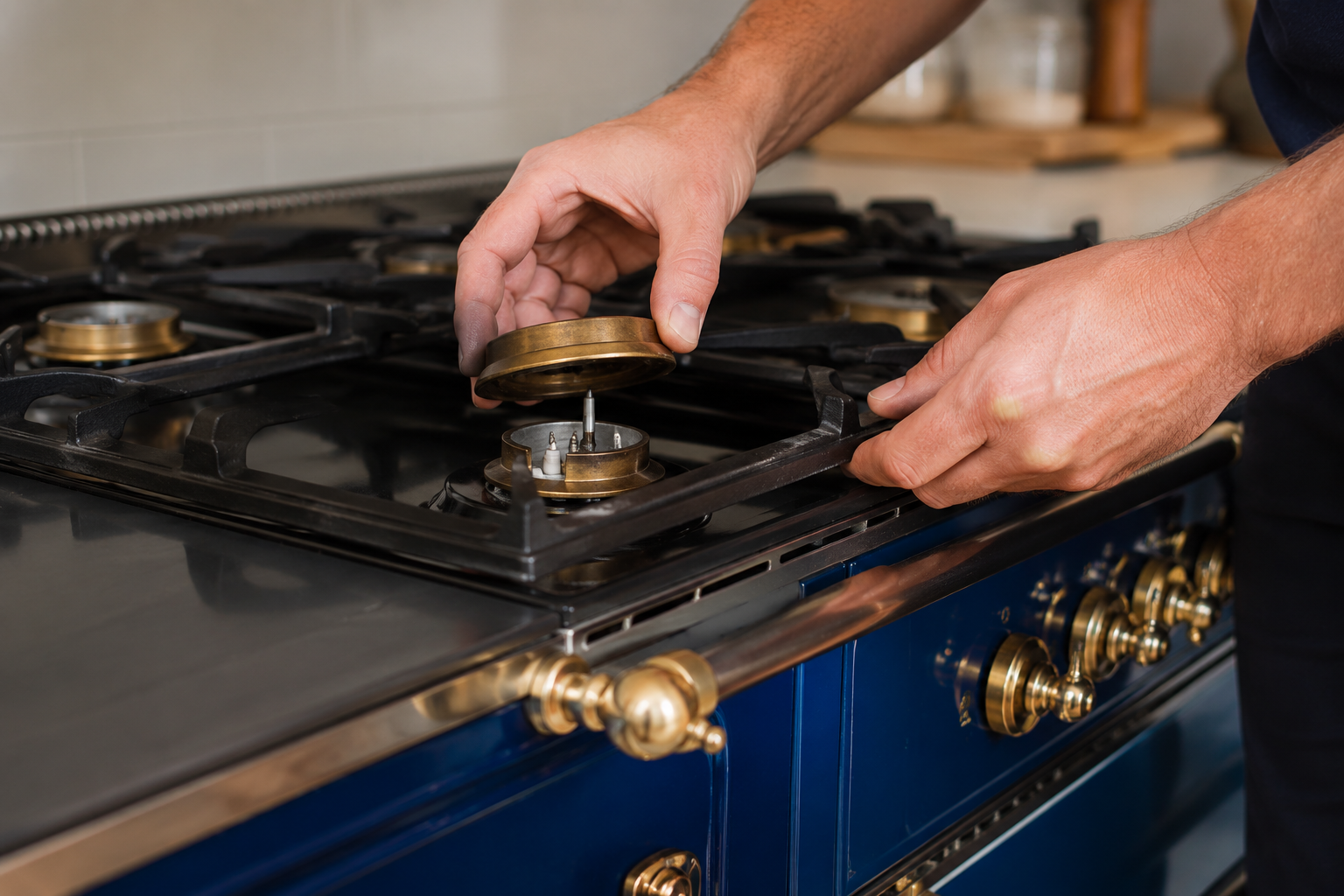 Close-up of a technician's hands carefully lifting a brass burner cap off a colorful enamel luxury French range cooktop